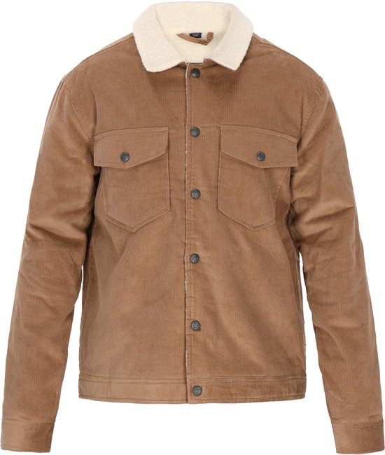 Bruine corduroy jas met witte teddykraag, knoopsluiting en twee borstzakken.
