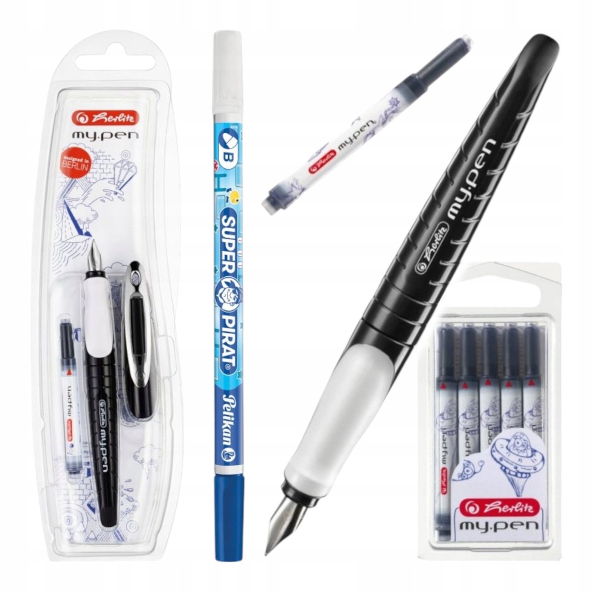 Herlitz my.pen Vulpen Set School Zwart-Wit met Wisser & Patronen