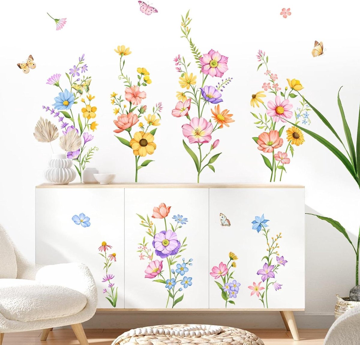 CSGoods - Lente bloemen muurstickers voor slaapkamer kantoren tv achtergrond muur, tuin kleurrijke bloemen, doe-het-zelf Peel and Stick muursticker, zelfklevende muurkunst