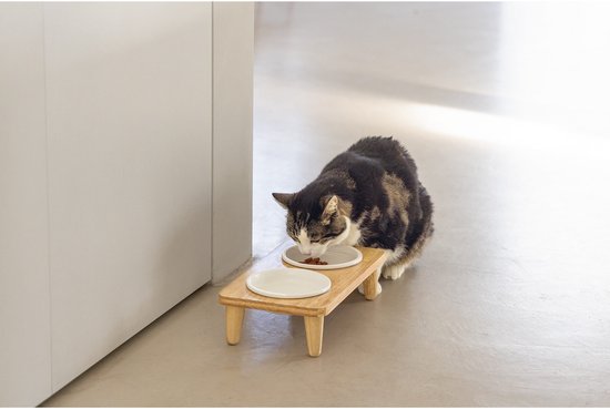 Kattenvoerbak met twee witte kommen op een houten standaard, een gestreepte kat eet.