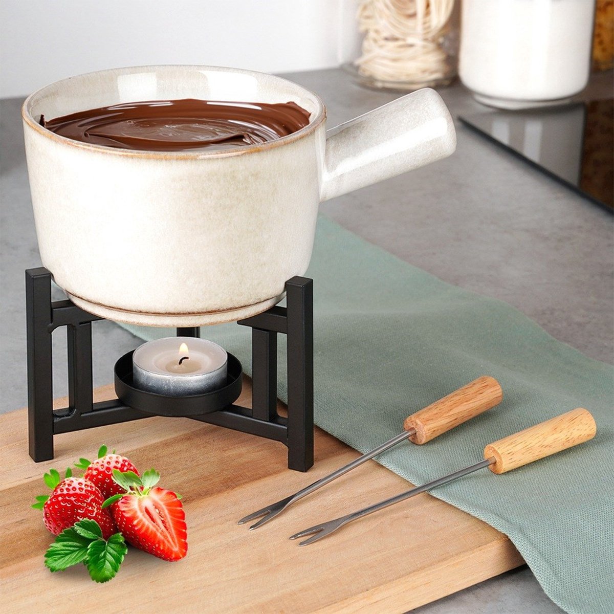 Excellent Houseware Kaasfondue setje met houder - porselein - beige/zwart - incl. 2 vorken – foto 2