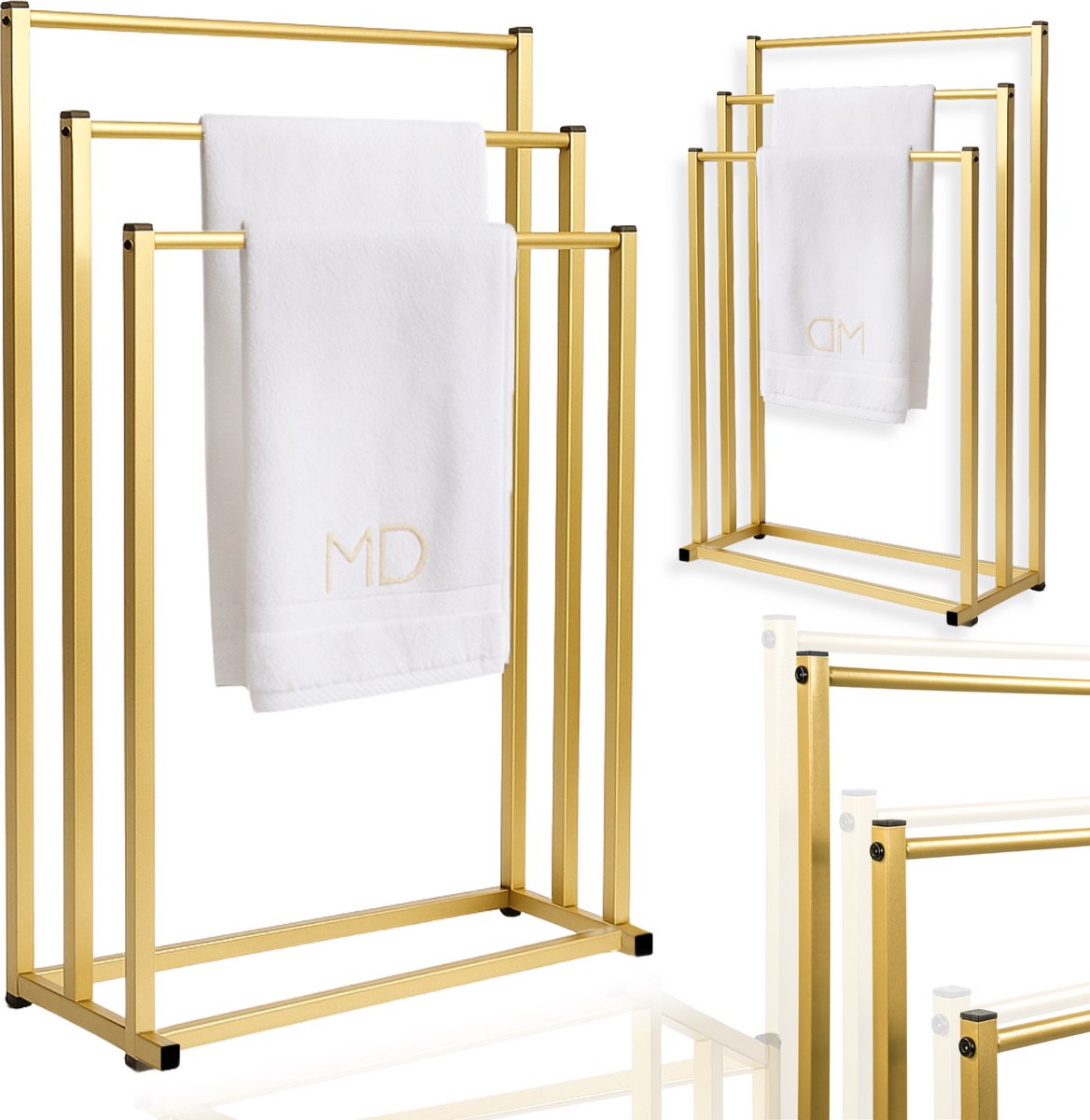 MORE&DECO - Vrijstaande Handdoekhouder - Gouden Metaal - Drie Armen - Loftstijl