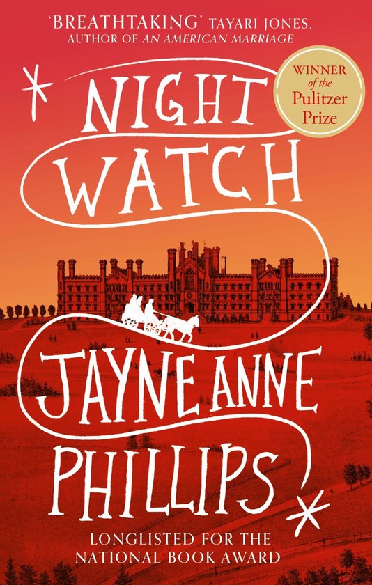 Boekomslag van 'Night Watch' met de titel in witte letters op een rode achtergrond, met een landhuis en een paardenkoets.