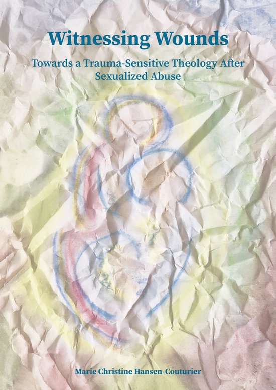 Boekhoes met de titel 'Witnessing Wounds'. Met een pastelkleurige, gekreukelde achtergrond en een blauw, rood en geel getekende contour van twee figuren in elkaar.