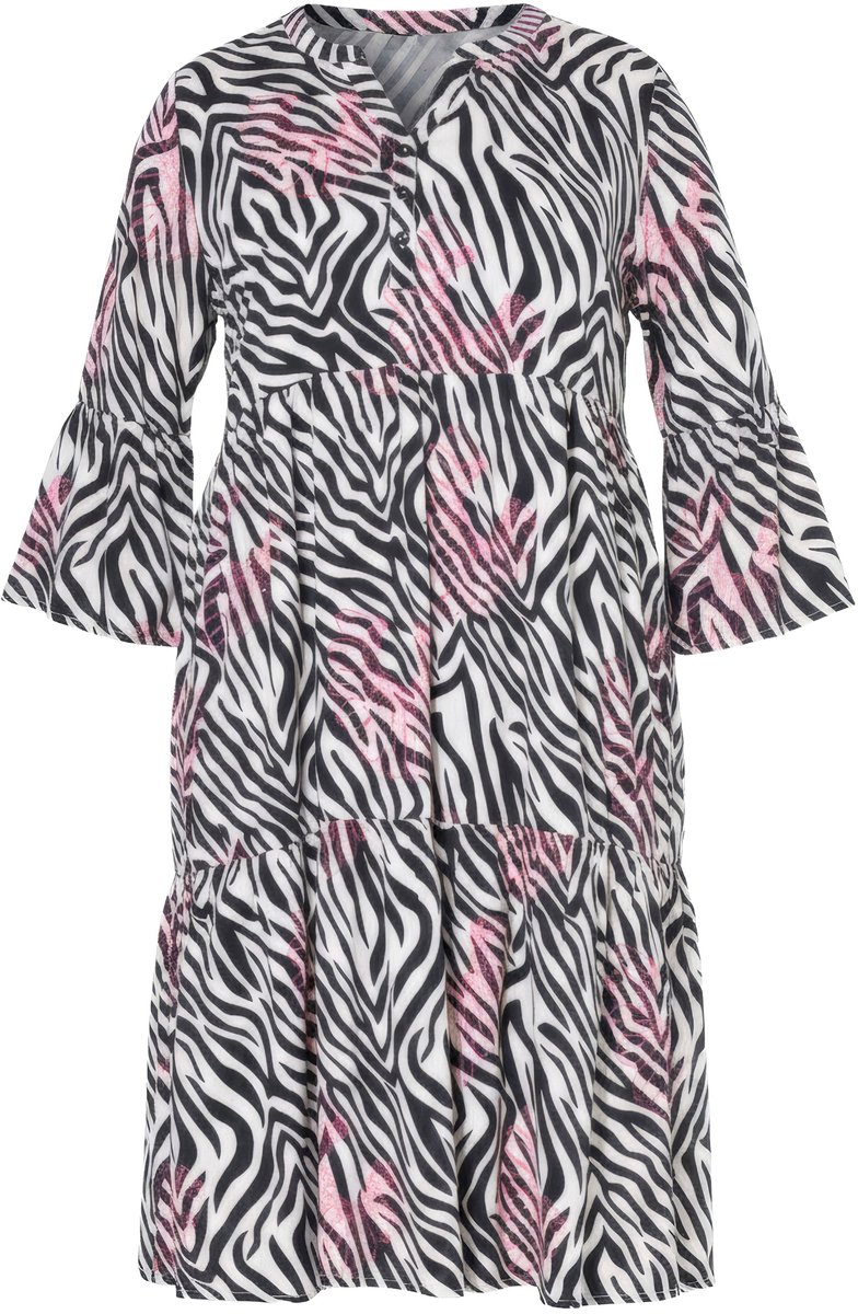 Angel of Style - Dames - Jurk zebramotief met neonprint 3/4-mouw volants - Sneeuwwit - Maat 54