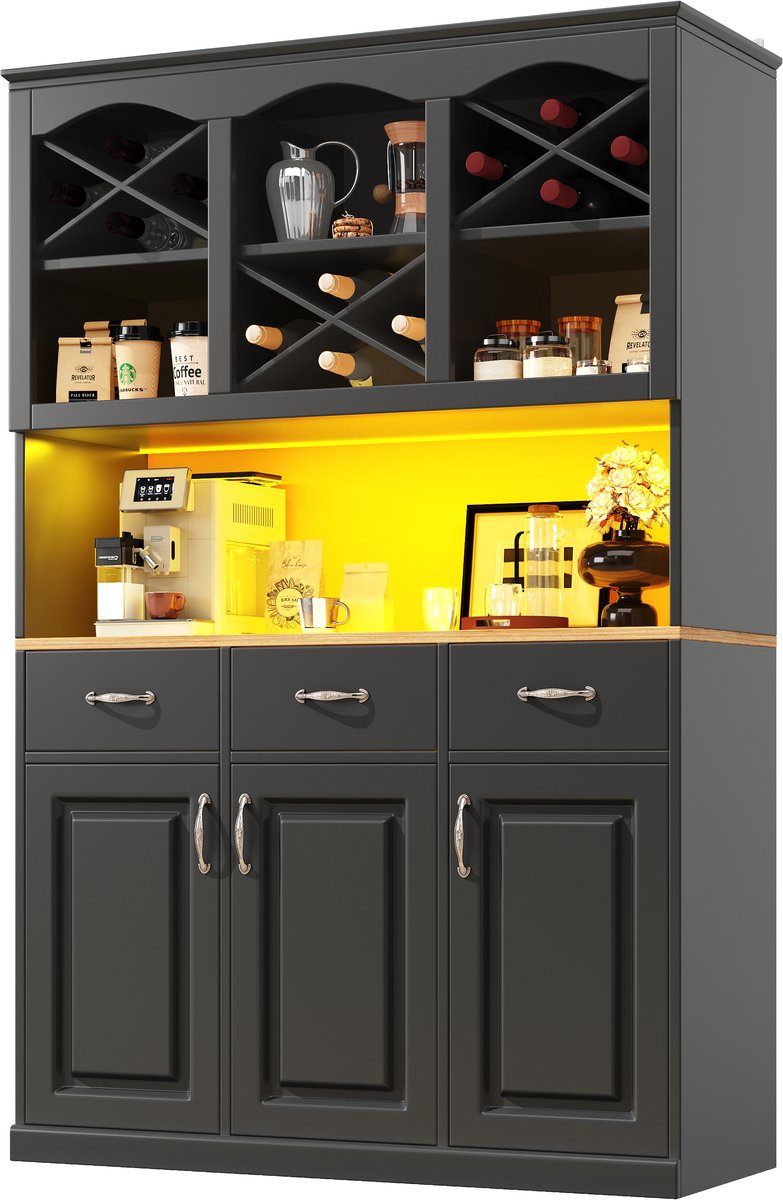 Keukenkast (120 × 40 × 180 cm), hoge keukenbuffet, multifunctioneel buffet, snackkast, opbergmeubel met drie deuren, drie lades en LED-verlichting, zwart — cadeau in Cadeau-ideeën - foto 3