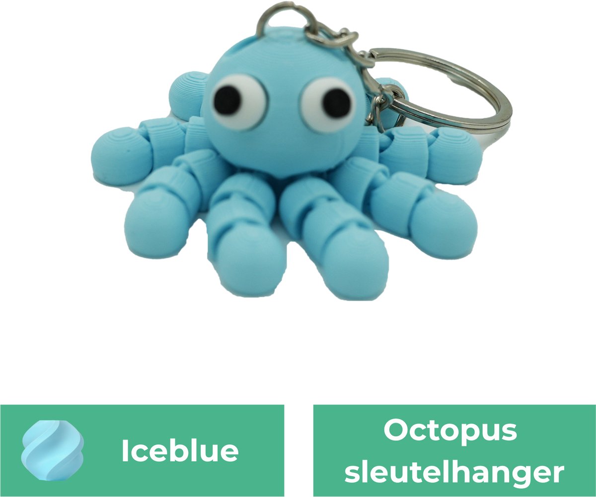 Flexi octopus sleutelhanger - IJsblauw - 3d geprint - Cadeau liefhebber – Sleutelhanger dier - 4cm