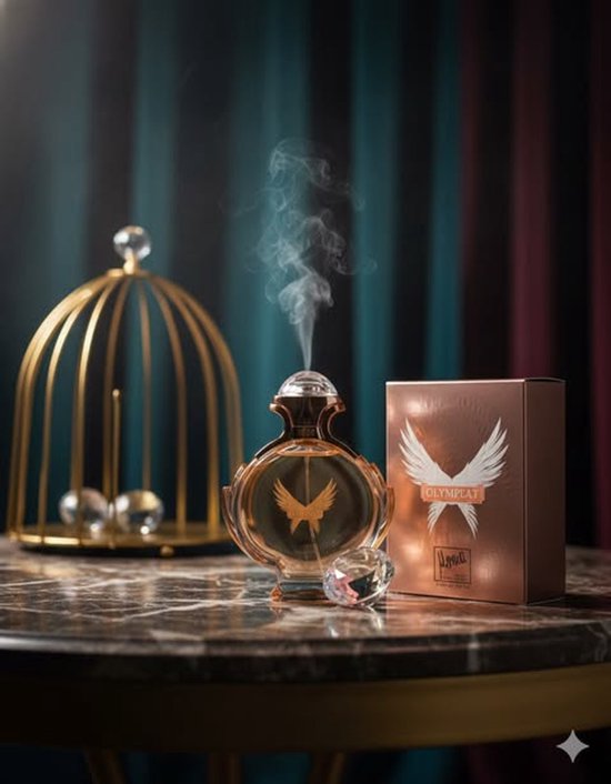Gouden fles met OLYMPIAT-logo en roze doos met vleugeldetail.