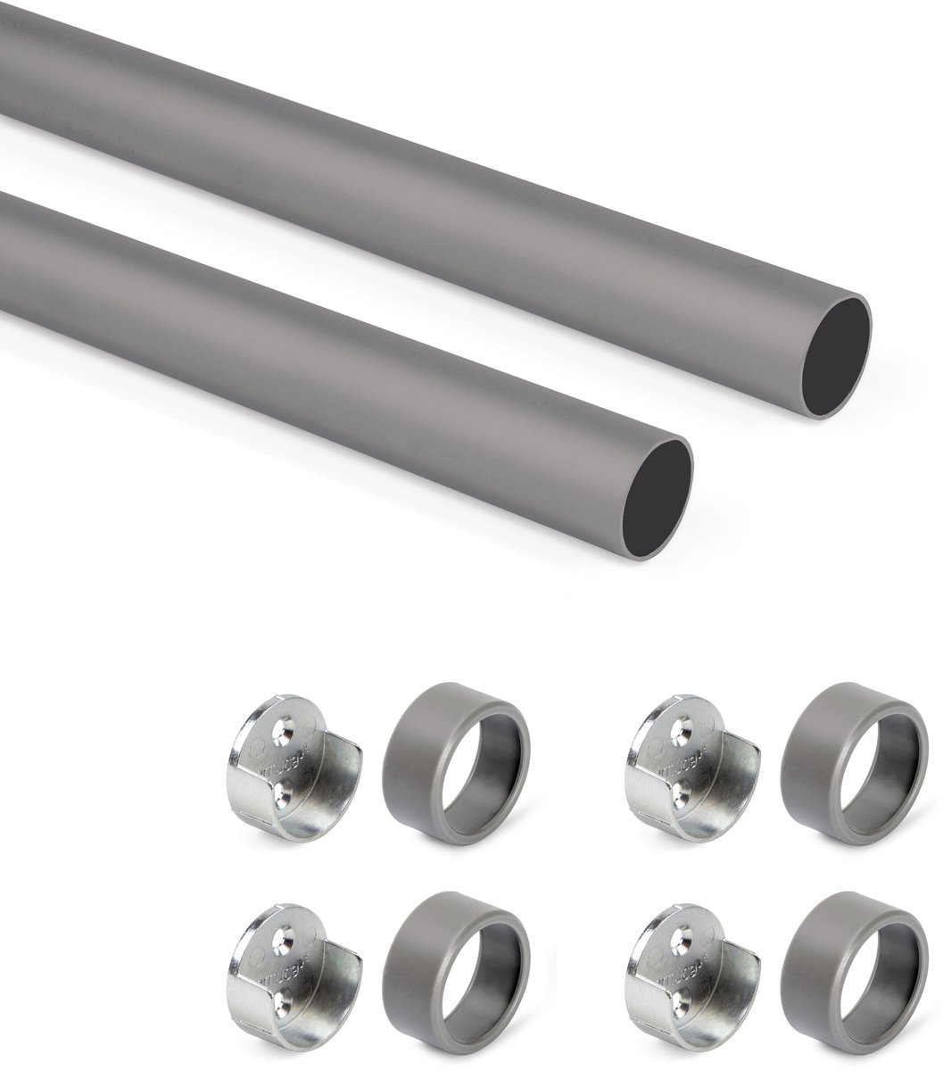 Emuca Lot van 2 ronde kastrails D.28mm lengte 1.15m met beugels, Aluminium en Zamak, Titanium