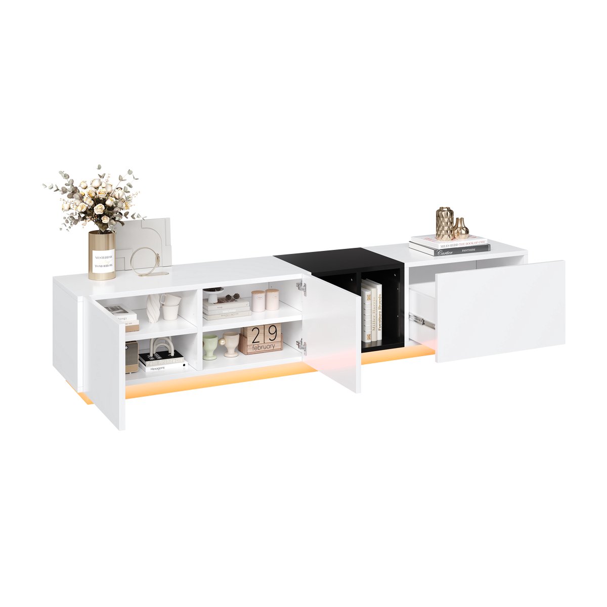 Merax Modern TV Meubel 190x40x35 cm in Zwart Wit – TV Kast met Laden en Open Vakken – Strak Design en Hoge Draagkracht voor Woonkamer