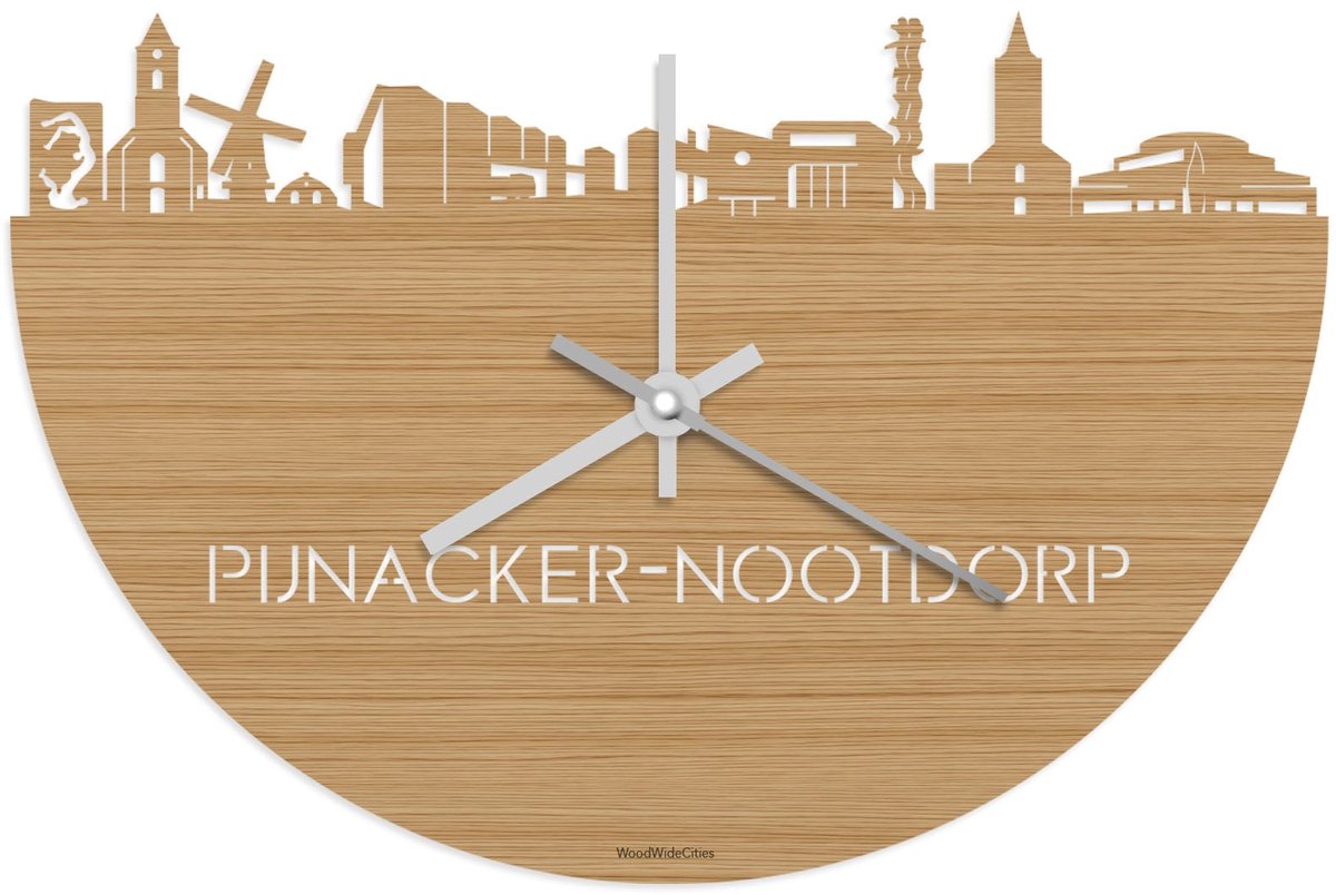 Skyline Klok Pijnacker-Nootdorp Bamboe hout - Ø 40 cm - Stil uurwerk - Wanddecoratie - Meer steden beschikbaar - Woonkamer idee - Woondecoratie - City Art - Steden kunst - Cadeau voor hem - Cadeau voor haar - Jubileum - Trouwerij - Housewarming -