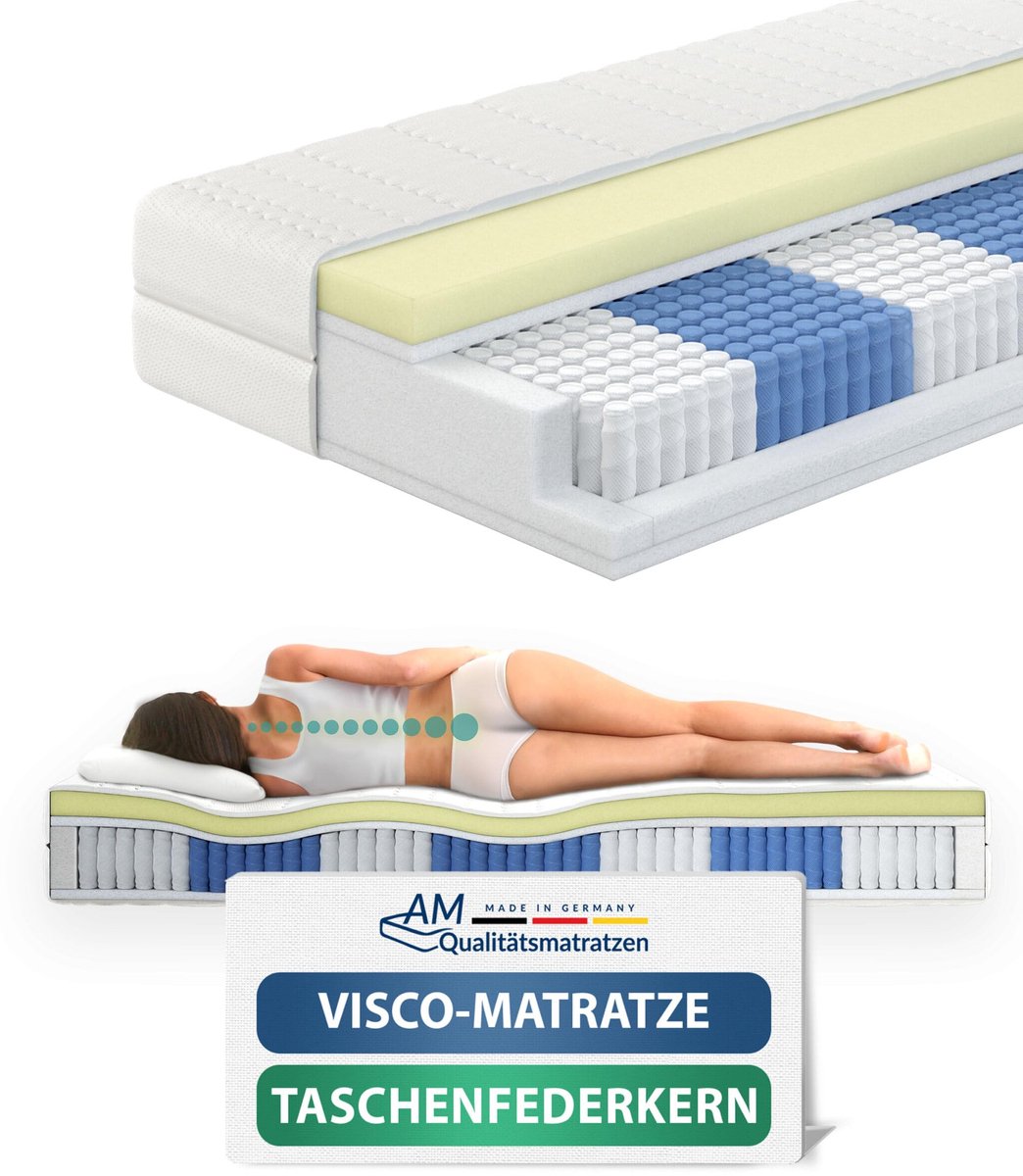 AM Qualitätsmatratzen - Premium traagschuim matras 200x200cm - Zacht (H2) - 1000 veren - Pocketveringmatras - Matras met geïntegreerde 6cm traagschuim deklaag - 24cm hoogte - Made in Germany