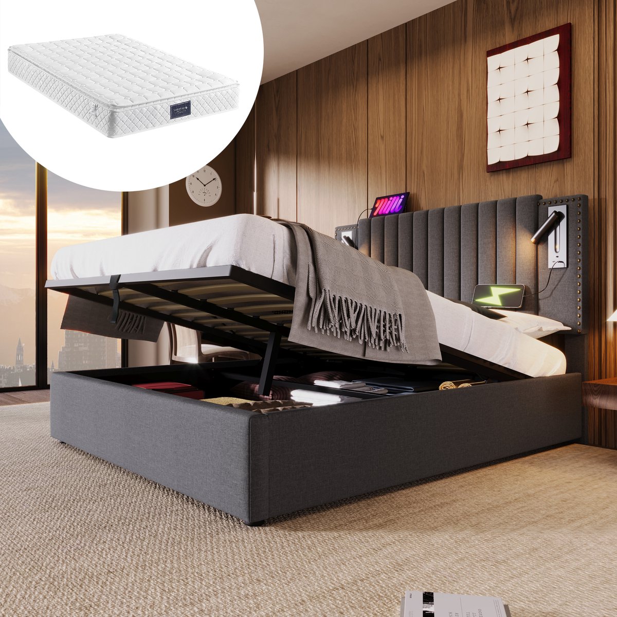 STILVORA Gestoffeerd bed 160x200 cm – Tweepersoonsbed met verstelbaar Hoofdeinde & USB-laadpoorten – Opbergruimte onder bed – Katoen/Linnen – Grijs Met matras