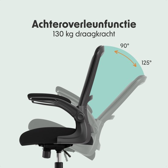 Animatie van een zwarte bureaustoel die van 90° naar 125° achterover leunt, met tekst over de achteroverleunfunctie en draagkracht.