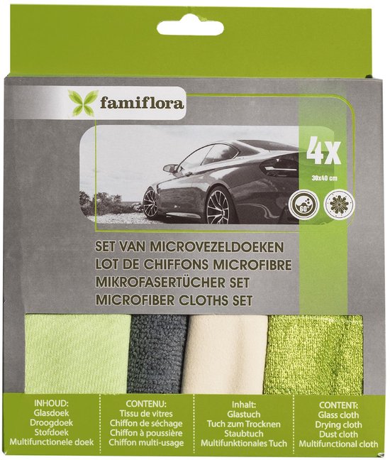 Famiflora set van 4 microvezeldoeken - Auto was set - Auto reinigingsset - 30 x 40 cm - Vier gespecialiseerde doeken voor elke schoonmaakklus zodat je altijd het juiste hulpmiddel hebt