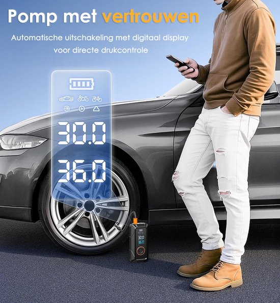 Elektrische Fietspomp 4000mAh - Draagbare Luchtcompressor met LED - Voor Auto, Fiets & Ballen - Incl. 4 Opzetstukken — afbeelding 4
