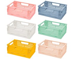 IMPERATORIS® Klapkrat - Vouwkrat - Opvouwbare Boodschappenkrat - Stapelbaar - Robuust Kunststof - 0.87 Liter - Voor Auto en Thuis - 6 mini Stuks - Roze, grijsblauw, wit, groen, geel, lichtroze