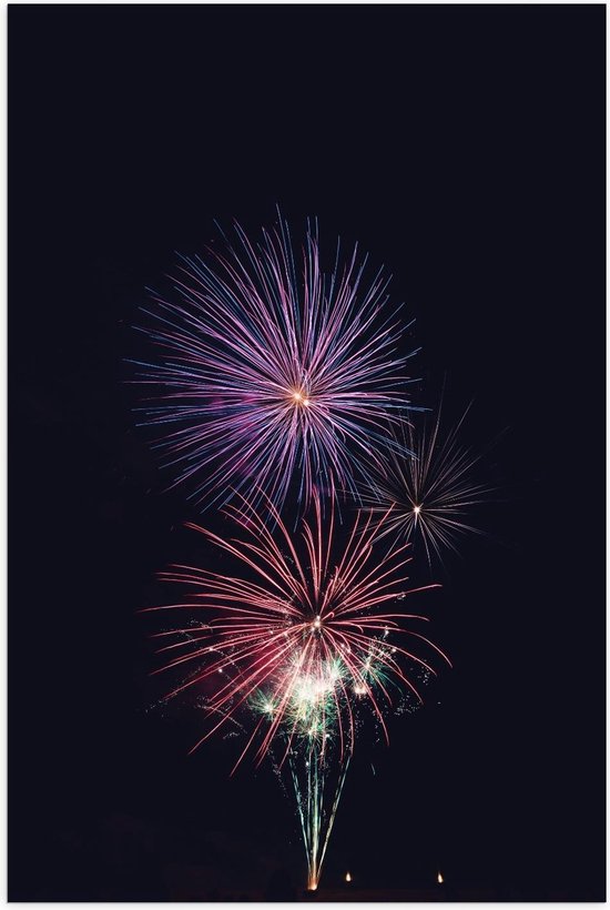 Poster – Rood en Paars Spetterend Vuurwerk in de Lucht - 80x120cm Foto op Posterpapier