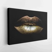 Closeup view of sexual beautiful female closed golden lips isolated on black background, horizontal picture - Modern Art Canvas - Horizontal - 347232131 - 50*40 Horizontal