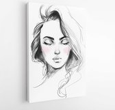 Beautiful girl face with closed eyes black and white fashion illustration. Hand drawn pencil sketch with pink watercolor. - Modern Art Canvas -Vertical - 1169764075 - 115*75 Vertic