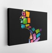 Portrait of a young woman with bold glowing makeup posing in the studio. Shape of colored squares on female face. Isolated on black background. - Modern Art Canvas - Horizontal - 1199037778 - 80*60 Horizontal