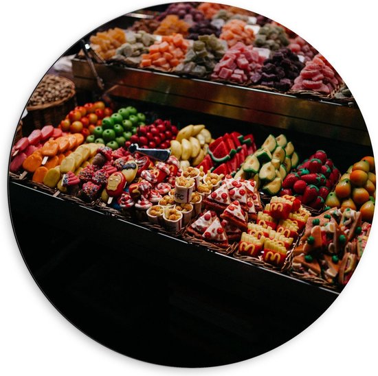 Dibond Wandcirkel - Schappen Gezond/Ongezond Eten - Foto op Aluminium Wandcirkel (met ophangsysteem)