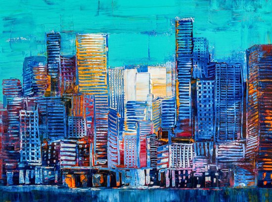 Artistic painting of skyscrapers.Abstract style.Cityscape panorama