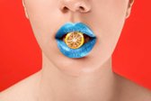 Beautiful young woman with creative makeup and candy in mouth on color background, closeup  - Modern Art Canvas  - Horizontal - 1104767438 - 50*40 Horizontal
