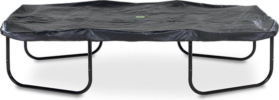 Zwarte trampoline afdekhoes op een rechthoekig trampolineframe met vier poten.