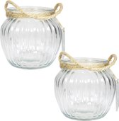 Set van 2x stuks glazen ronde windlichten Ribbel 2 liter met touw hengsel/handvat 15 x 14,5 cm - 2000 ml - Kaarsen/Waxinelicht