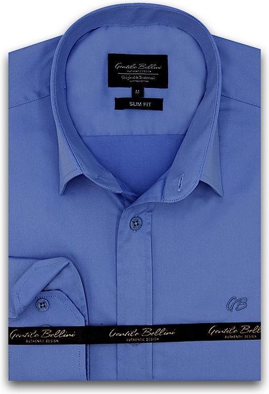 Heren Overhemd - Slim Fit - Luxury Plain Satijn - Blauw - Maat M