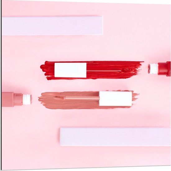Dibond - Roze en Rode Liquid Lipstick - 80x80cm Foto op Aluminium (Met Ophangsysteem)