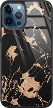 iPhone 12 hoesje glas - Marmer zwart brons - Hard Case - Zwart - Backcover - Marmer - Goud