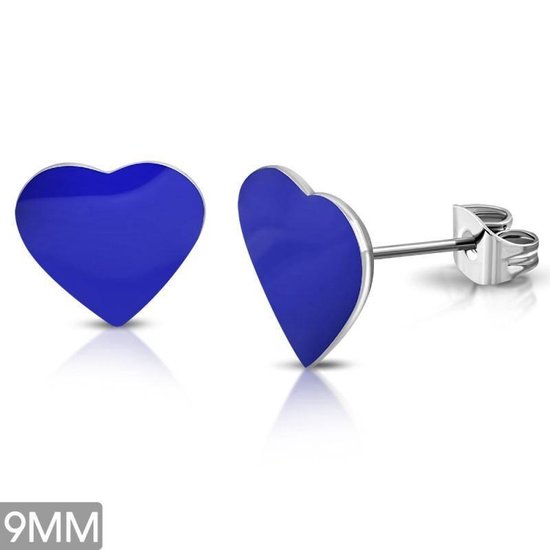 Aramat jewels ® - Hartjes oorbellen donker blauw emaille staal 9mm