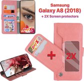 EmpX.nl Samsung Galaxy A8 (2018) Rose Goud Boekhoesje en 2x Screen Protector | Portemonnee Book Case | Met Multi Stand Functie | Kaarthouder Card Case | Beschermhoes Sleeve | Met P