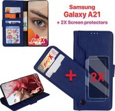 EmpX.nl Samsung Galaxy A21 Donker Blauw Boekhoesje en 2x Screen Protector | Portemonnee Book Case | Met Multi Stand Functie | Kaarthouder Card Case | Beschermhoes Sleeve | Met Pasjeshouder & 