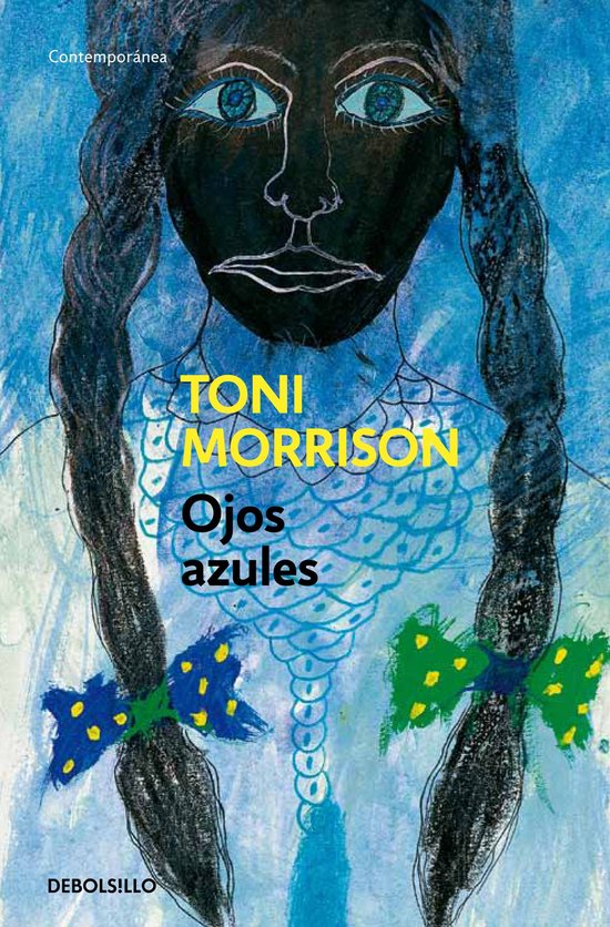 Boekomslag van 'Ojos azules' van Toni Morrison, met een portret van een vrouw met blauwe ogen en gevlochten haar.