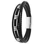 Lucardi Heren Armband schakel zwart leer - Leer - Armband - Cadeau - 21 cm - Zilverkleurig