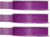 3x Hobby/decoratie paarse organza sierlinten 1,5 cm/15 mm x 20 meter - Cadeaulint organzalint/ribbon - Striklint linten paars