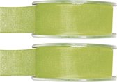 2x Hobby/decoratie groene organza sierlinten 2,5 cm/25 mm x 20 meter - Cadeaulint organzalint/ribbon - Striklint linten groen