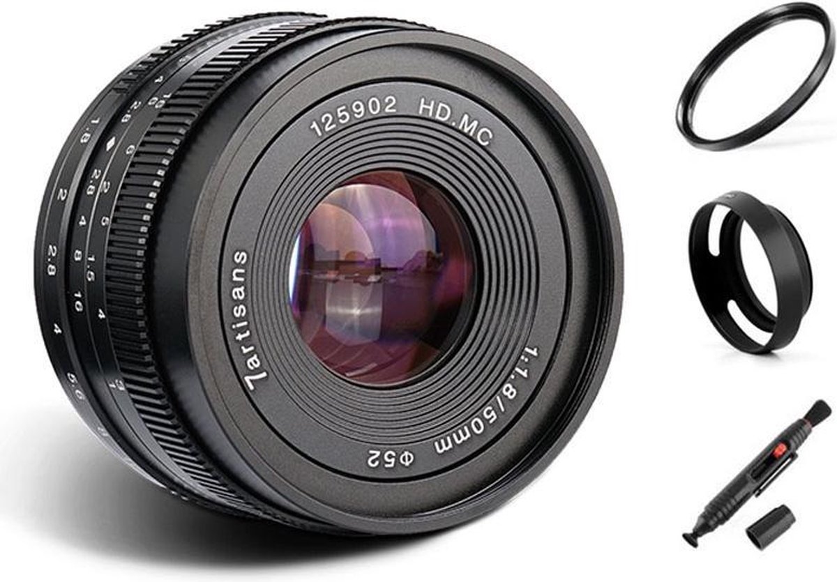 7artisans 50mm F1.8 manual focus lens Fujifilm systeem camera + Gratis lenspen + 52mm uv filter en zonnekap