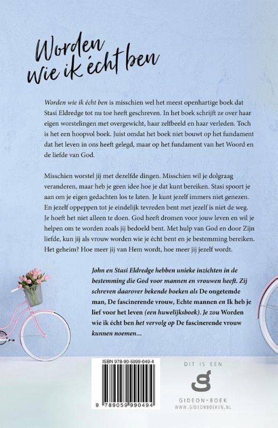 De achterkant van het boek 'Worden wie ik echt ben' met tekst, een fiets met bloemen en een barcode.