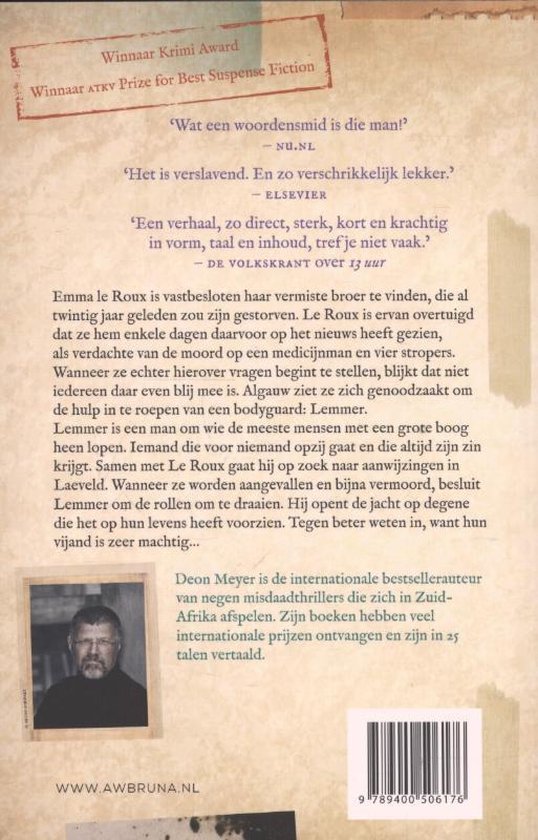 Achterkant van het boek 'Onzichtbaar' van Deon Meyer met recensies en een foto van de auteur.