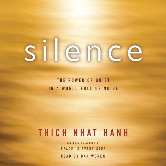 Boekcover met de titel "silence" in witte letters op een gouden, wazige achtergrond. "THE POWER OF QUIET IN A WORLD FULL OF NOISE" staat eronder in kleine letters.