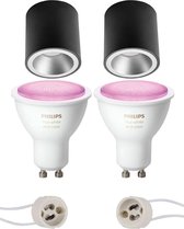 Pragmi Cliron Pro - Opbouw Rond - Mat Zwart/Zilver - Verdiept - Ø90mm - Philips Hue - Opbouwspot Set GU10 - White and Color Ambiance - Bluetooth - BES LED
