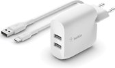 Belkin BOOST CHARGE™ 2-poorts USB-A-wandlader (24 W) + USB-A/USB-C®-kabel - 2 uitgangsaansluitingen - Wit