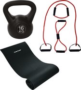 Tunturi - Fitness Set - Kettlebell 16  kg - Fitnessmat 160 x 60 x 0,7 cm - Tubing Set Rood