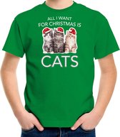 Kitten Kerstshirt / Kerst t-shirt All i want for Christmas is cats groen voor kinderen - Kerstkleding / Christmas outfit M (116-134)