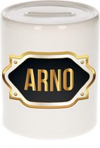 Arno naam cadeau spaarpot met gouden embleem - kado verjaardag/ vaderdag/ pensioen/ geslaagd/ bedankt