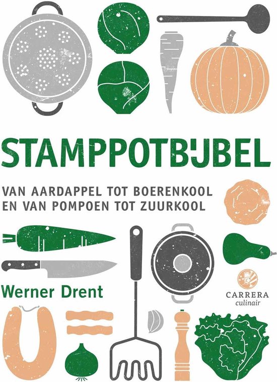 Boek "Stamppotbijbel" met illustraties van aardappelen, boerenkool, pompoen en zuurkool.